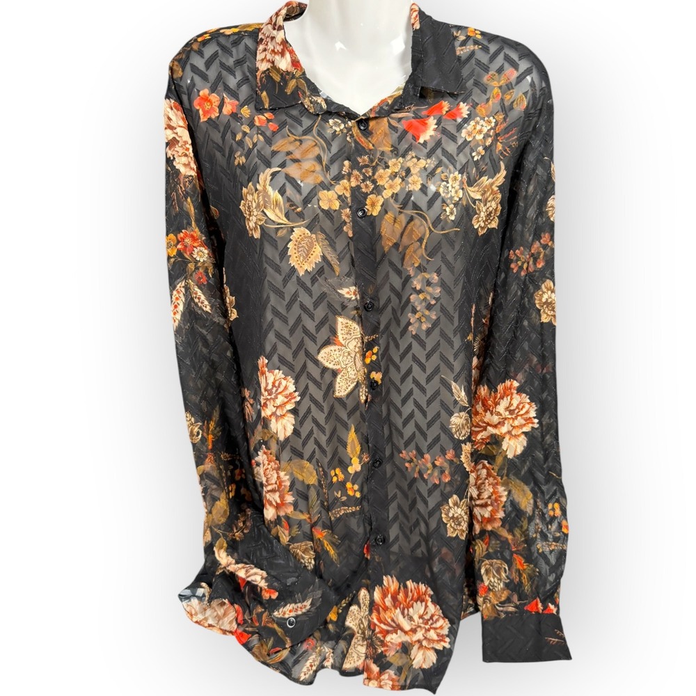 Zara Women L Black Floral Sheer Fall Fit Button Down Blouse Texture Whimsigoth